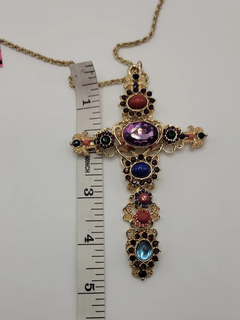 Betsey Johnson Gold Cross Pendant Necklace with Purple, Blue, Coral Accents